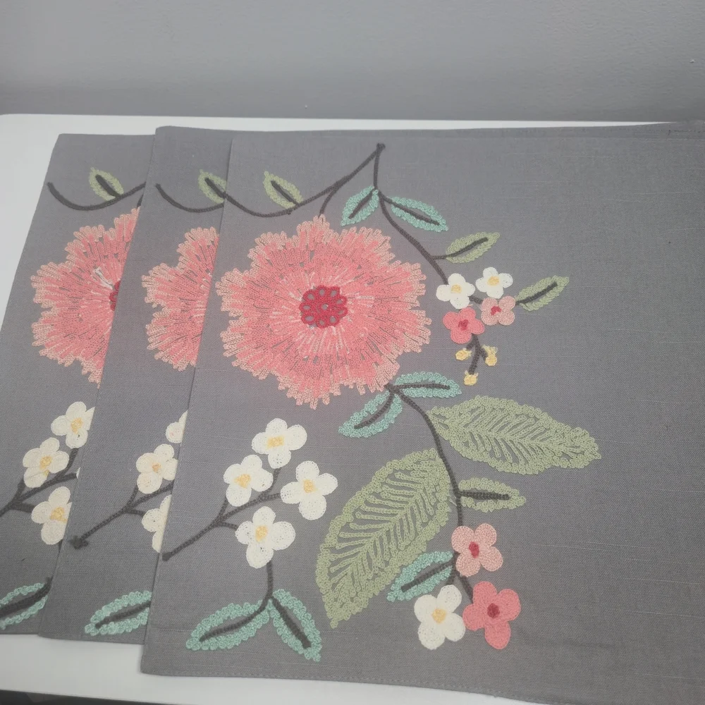 Floral Embroidered Gray Placemats Set Of 4
